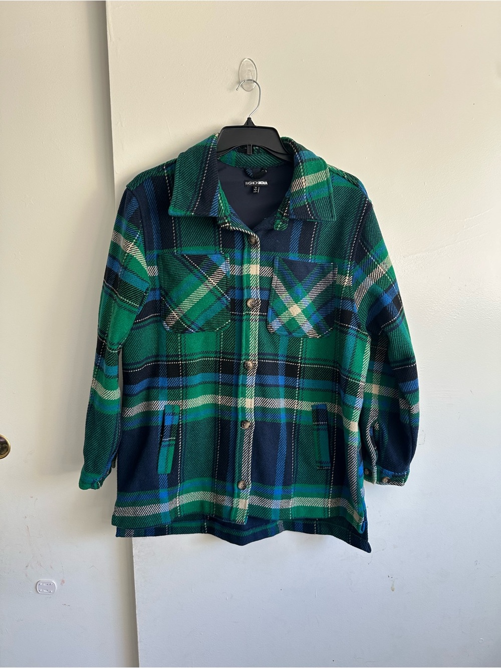 Fashion Nova Green Navy Plaid Button-Front Shacket Jacket Heavyweight Jacket